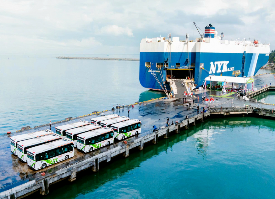 (Nine electrics buses at Chan May port, ready for loading onto NYK's Roro vessel)
