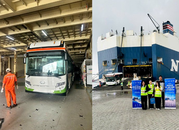 (Tandem Vietnam and NYK representatives oversee the unloading of vehicles from the RoRo vessel onto the terminal yard)